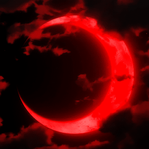 Red crescent moon with clouds moving outwards
